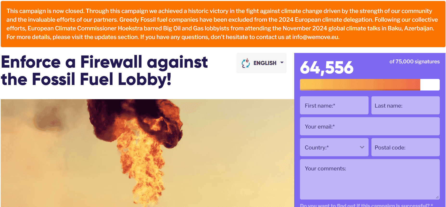 Image of a oil well spitting fire, with pollution in the foreground and a forest in the background.