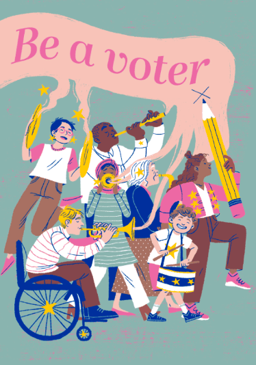 Imagae cartoon of people with the writing "Be a voter"